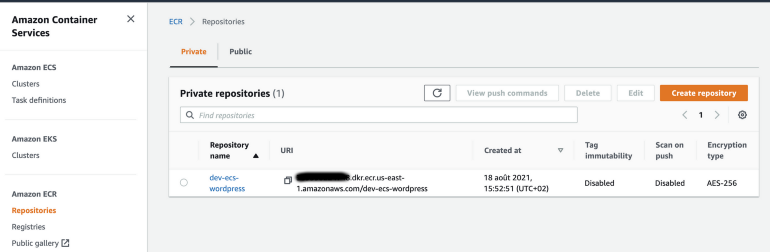 The AWS ECR in the web console